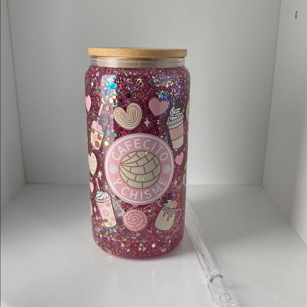 Snow Globe Glittery Pink Cafecito Y Chisme Tumbler with straw